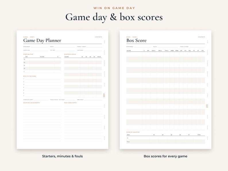Op de afbeelding: Twee witte digitale plannerpagina's met zwarte tekst. De linkerpagina is getiteld Game Day Planner met secties voor starters, minuten en overtredingen. De rechterpagina is getiteld Box Score met kolommen voor het bijhouden van wedstrijdstatistieken.