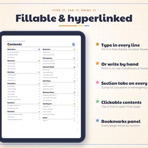 May include: A digital planner displayed on a tablet screen showing a contents page with sections for behavior, emergency, school staff, sub plans, and routines. The text reads Type it, tap it, print it, Fillable & hyperlinked, and features star icons.