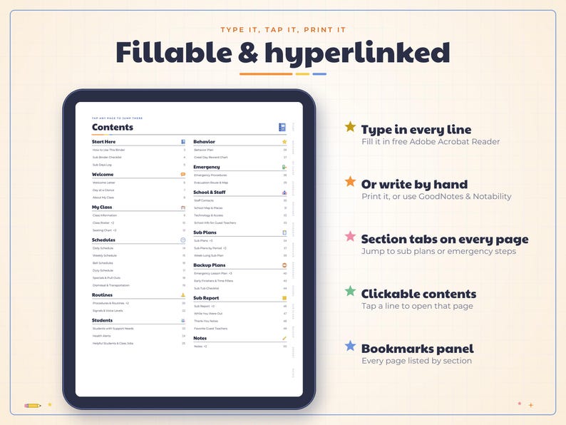 May include: A digital planner displayed on a tablet screen showing a contents page with sections for behavior, emergency, school staff, sub plans, and routines. The text reads Type it, tap it, print it, Fillable & hyperlinked, and features star icons.