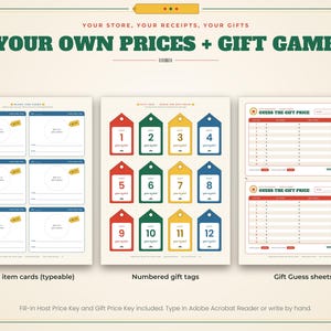 K&ouml;nnte beinhalten: Ein druckbares Spielset mit dem Titel YOUR OWN PRICES + GIFT GAME, bestehend aus leeren Artikelkarten, zw&ouml;lf nummerierten Geschenkanh&auml;ngern in Rot, Gr&uuml;n, Gelb und Blau sowie zwei Bl&auml;ttern zum Erraten der Geschenkpreise mit Spalten.