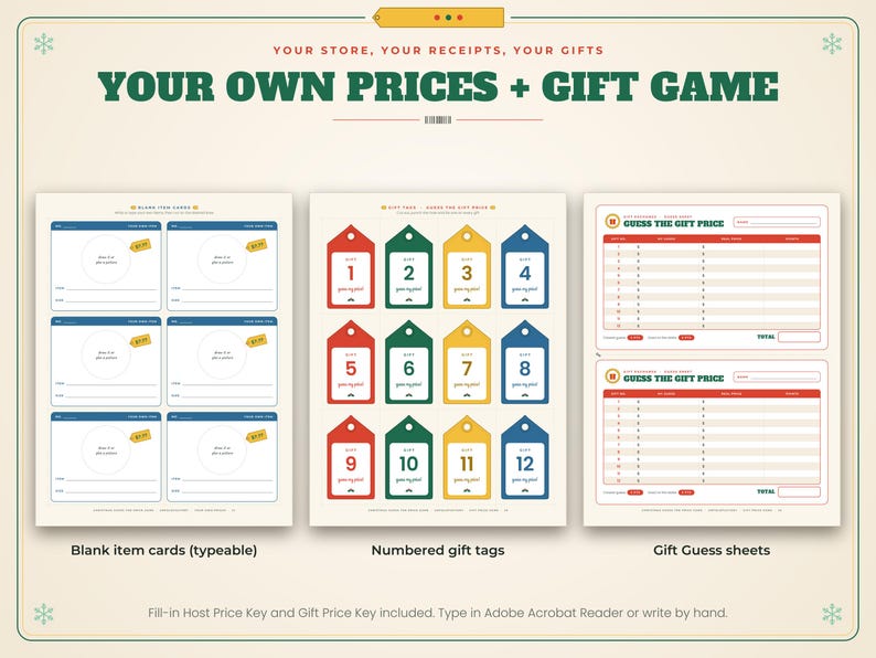 K&ouml;nnte beinhalten: Ein druckbares Spielset mit dem Titel YOUR OWN PRICES + GIFT GAME, bestehend aus leeren Artikelkarten, zw&ouml;lf nummerierten Geschenkanh&auml;ngern in Rot, Gr&uuml;n, Gelb und Blau sowie zwei Bl&auml;ttern zum Erraten der Geschenkpreise mit Spalten.