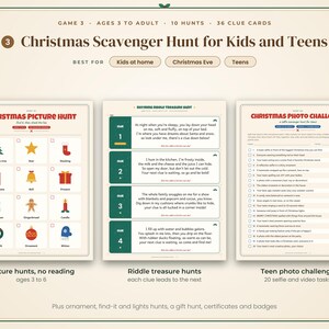 May include: A Christmas scavenger hunt game set for kids and teens featuring three printable sheets: a Christmas Picture Hunt with icons, a Rhyming Riddle Treasure Hunt with numbered clues, and a Christmas Photo Challenge list of tasks.