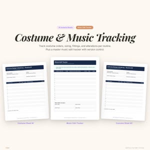 Op de afbeelding: Een digitaal product getiteld "Costume & Music Tracking" met drie vellen. De vellen bevatten secties voor kostuumontwerp, muziekbewerking en routinedetails. Het product is ontworpen om kostuumorders, maten, fittingen en wijzigingen bij te houden.