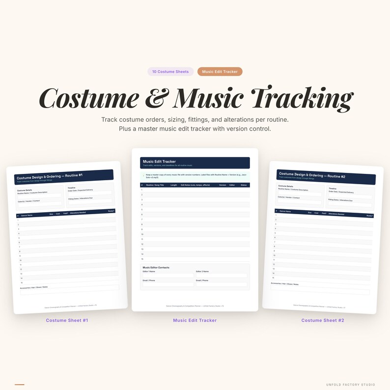 Op de afbeelding: Een digitaal product getiteld "Costume & Music Tracking" met drie vellen. De vellen bevatten secties voor kostuumontwerp, muziekbewerking en routinedetails. Het product is ontworpen om kostuumorders, maten, fittingen en wijzigingen bij te houden.