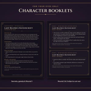 May include: Two dark purple character booklets for a murder mystery game. The left booklet is titled Lady Beatrice Ravenscroft and contains sections for secrets, motives, and goals. The right booklet features cut-out slips for rounds two and three.