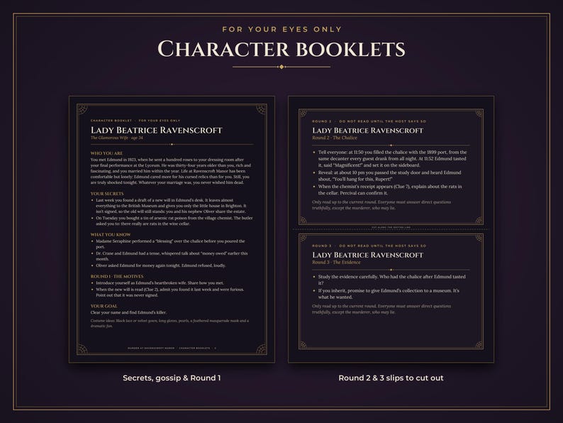 May include: Two dark purple character booklets for a murder mystery game. The left booklet is titled Lady Beatrice Ravenscroft and contains sections for secrets, motives, and goals. The right booklet features cut-out slips for rounds two and three.