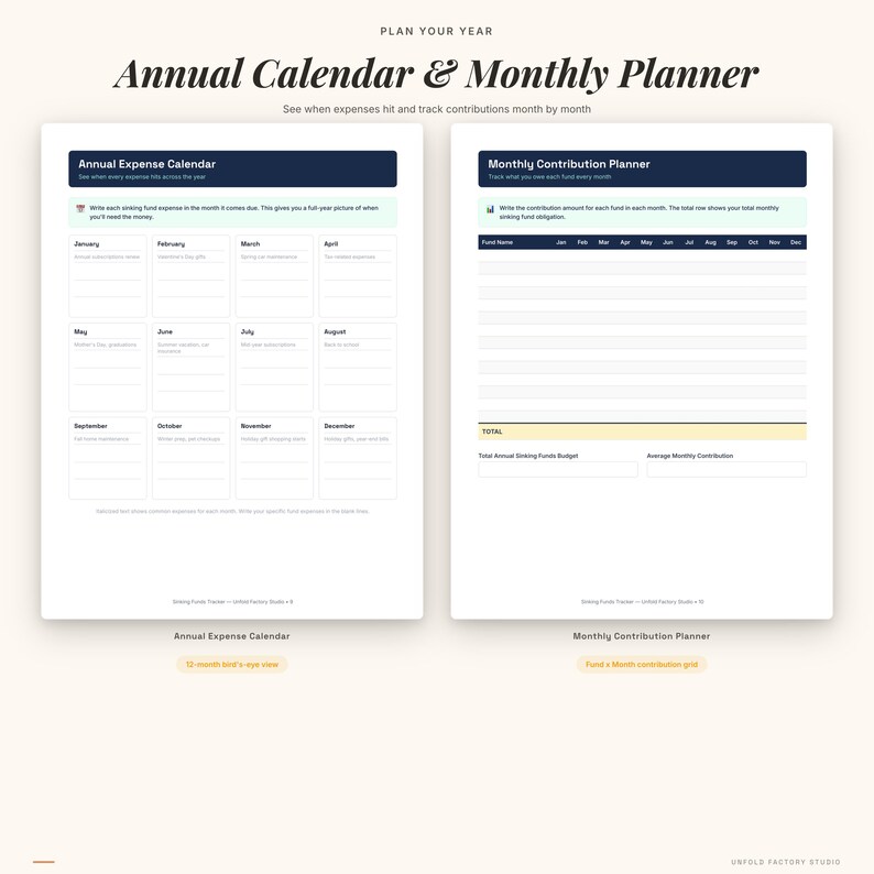 May include: A cream-colored annual calendar and monthly planner. The left side is an expense calendar, and the right side is a contribution planner. The text "Annual Calendar & Monthly Planner" is at the top. The text "Plan Your Year" is at the top.