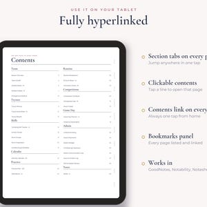 Op de afbeelding: Een digitale tablet met een volledig gehyperlinkte inhoudspagina van een planner met secties voor team, routine, wedstrijden, wedstrijddag, vaardigheden, kalender, oefening, administratie en notities. Tekst bevat "USE IT ON YOUR TABLET".