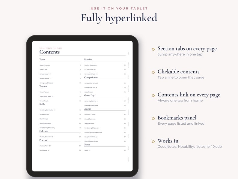 Op de afbeelding: Een digitale tablet met een volledig gehyperlinkte inhoudspagina van een planner met secties voor team, routine, wedstrijden, wedstrijddag, vaardigheden, kalender, oefening, administratie en notities. Tekst bevat "USE IT ON YOUR TABLET".