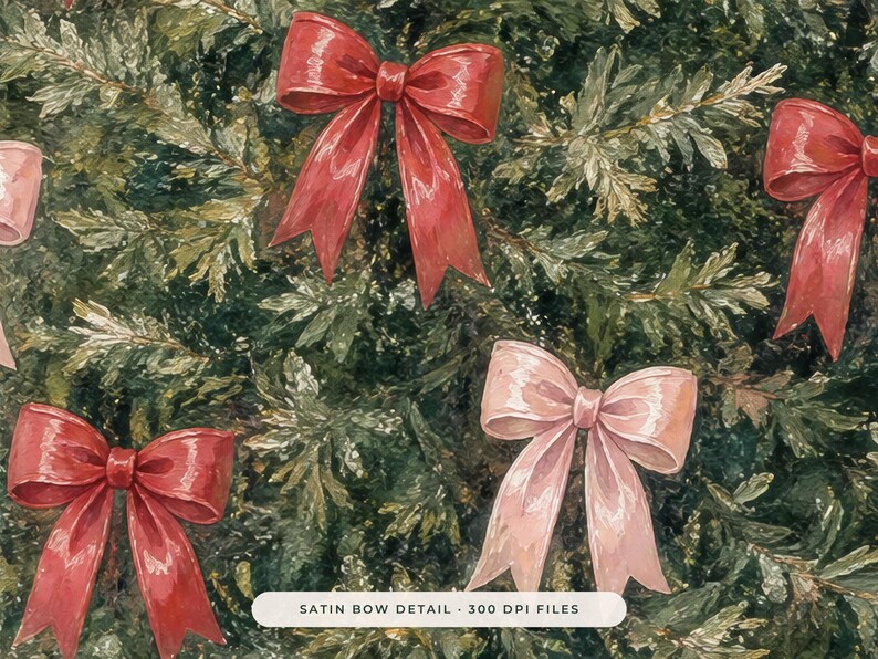 May include: A digital illustration featuring multiple satin bows in shades of red and light pink, arranged against a textured dark green pine needle background. The text SATIN BOW DETAIL 300 DPI FILES is visible at the bottom center.