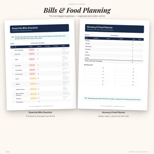 May include: Two white planner pages titled Bills & Food Planning. The left page features an Essential Bills Checklist with columns for bill names, priority, amount, due date, and notes. The right page is a Grocery & Food Planner with a weekly meal table.