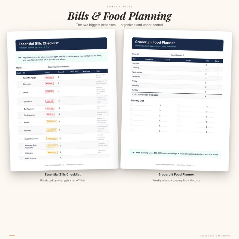 May include: Two white planner pages titled Bills & Food Planning. The left page features an Essential Bills Checklist with columns for bill names, priority, amount, due date, and notes. The right page is a Grocery & Food Planner with a weekly meal table.