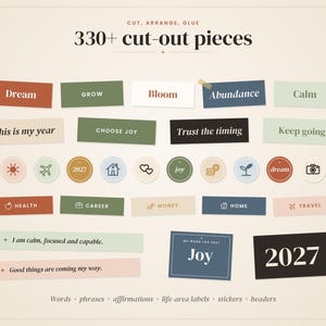 May include: A collection of 330+ cut-out pieces including rectangular paper strips with text like Dream, Grow, Bloom, Abundance, Calm, This is my year, Choose joy, and Trust the timing. Includes circular icons, life-area labels, and affirmations.