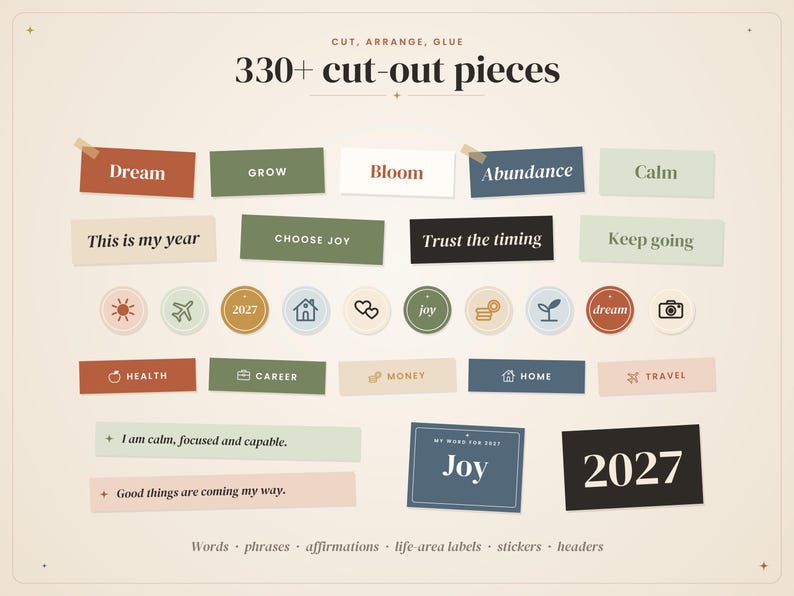 May include: A collection of 330+ cut-out pieces including rectangular paper strips with text like Dream, Grow, Bloom, Abundance, Calm, This is my year, Choose joy, and Trust the timing. Includes circular icons, life-area labels, and affirmations.