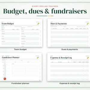 Może przedstawiać: Zestaw cyfrowych planer&oacute;w zatytułowany Every Dollar Tracked: Budget, dues & fundraisers, zawierający cztery szablony: Team Budget, Dues & Payments, Fundraiser Planner z termometrem cel&oacute;w oraz Expense & Receipt Log w przejrzystym układzie.