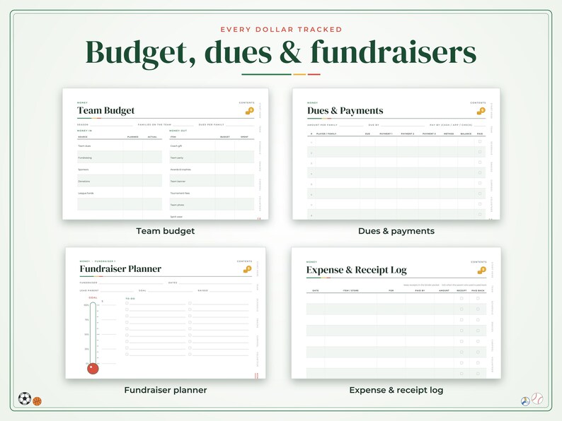 Może przedstawiać: Zestaw cyfrowych planer&oacute;w zatytułowany Every Dollar Tracked: Budget, dues & fundraisers, zawierający cztery szablony: Team Budget, Dues & Payments, Fundraiser Planner z termometrem cel&oacute;w oraz Expense & Receipt Log w przejrzystym układzie.
