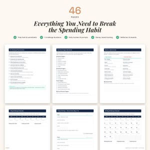 K&ouml;nnte beinhalten: Ein digitales Arbeitsbuch mit dem Titel "Everything You Need to Break the Spending Habit" wird angezeigt. Es enth&auml;lt Arbeitsbl&auml;tter, Tracker und Eingabeaufforderungen. Das Cover zeigt die Zahl "46" und den Text "Pages". Das Arbeitsbuch soll Benutzern helfen, ihre Finanzen zu verwalten.