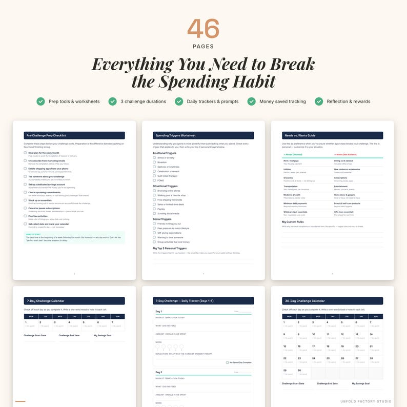 K&ouml;nnte beinhalten: Ein digitales Arbeitsbuch mit dem Titel "Everything You Need to Break the Spending Habit" wird angezeigt. Es enth&auml;lt Arbeitsbl&auml;tter, Tracker und Eingabeaufforderungen. Das Cover zeigt die Zahl "46" und den Text "Pages". Das Arbeitsbuch soll Benutzern helfen, ihre Finanzen zu verwalten.