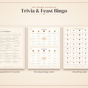 May include: A printable game set titled The Crowd Favorites Trivia & Feast Bingo, featuring a page with 30 history and tradition trivia questions, two bingo cards labelled Feast Bingo, and a sheet of 40 calling cards with festive icons.