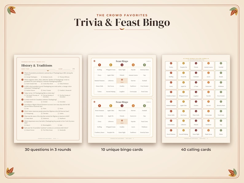 May include: A printable game set titled The Crowd Favorites Trivia & Feast Bingo, featuring a page with 30 history and tradition trivia questions, two bingo cards labelled Feast Bingo, and a sheet of 40 calling cards with festive icons.
