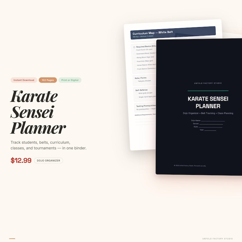 May include: A black Karate Sensei Planner with white text, alongside a white document titled "Curriculum Map - White Belt." The planner includes space for dojo organization, belt tracking, and class planning. The text "Karate Sensei Planner" is prominently displayed.