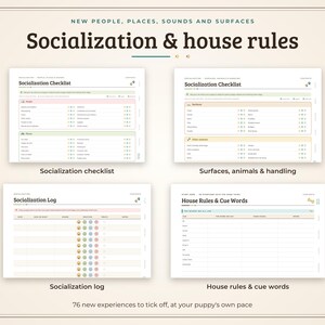 May include: A digital planner set titled Socialization & house rules, featuring four pages: Socialization Checklist for people and places, Socialization Checklist for surfaces and animals, a Socialization Log, and a House Rules & Cue Words page.