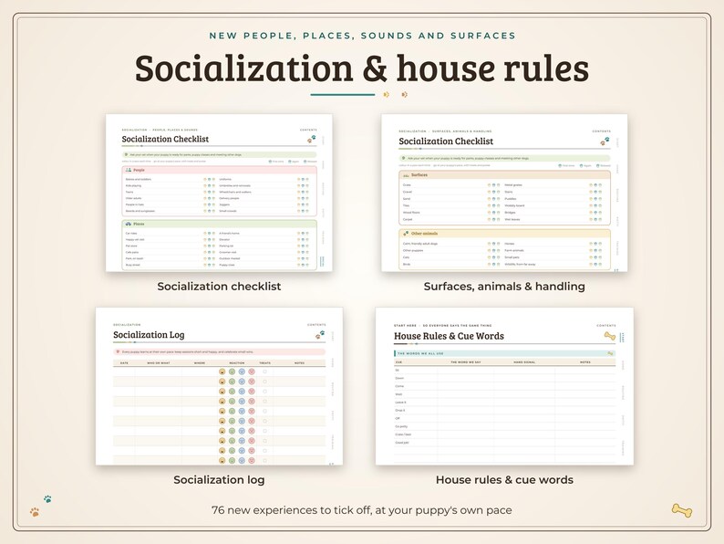 May include: A digital planner set titled Socialization & house rules, featuring four pages: Socialization Checklist for people and places, Socialization Checklist for surfaces and animals, a Socialization Log, and a House Rules & Cue Words page.