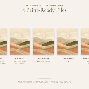 May include: A digital download set featuring 5 print-ready files of a landscape illustration with rolling hills in shades of terracotta, sage green, and beige under a pale sun. Text includes INCLUDED IN YOUR DOWNLOAD 5 Print-Ready Files.