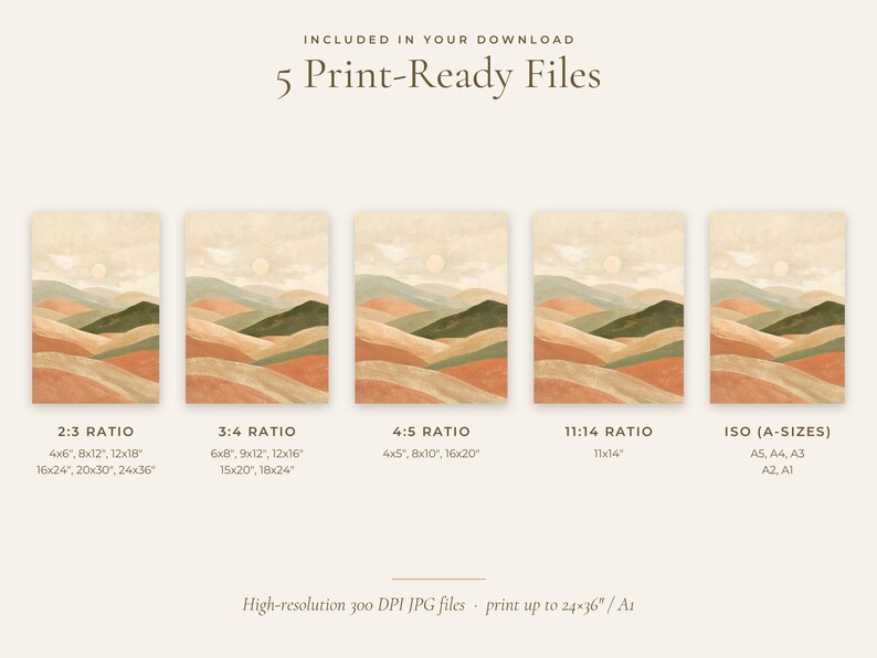 May include: A digital download set featuring 5 print-ready files of a landscape illustration with rolling hills in shades of terracotta, sage green, and beige under a pale sun. Text includes INCLUDED IN YOUR DOWNLOAD 5 Print-Ready Files.