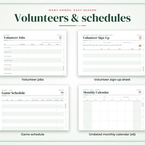 Może przedstawiać: Cyfrowy zestaw planer&oacute;w zatytułowany Many Hands, Easy Season zawierający cztery szablony: Volunteer Jobs, Volunteer Sign-Up, Game Schedule oraz Monthly Calendar. Każda strona zawiera zorganizowane kolumny, wiersze i nagł&oacute;wki.