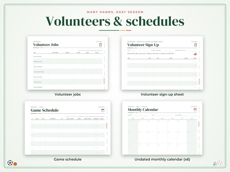 Może przedstawiać: Cyfrowy zestaw planer&oacute;w zatytułowany Many Hands, Easy Season zawierający cztery szablony: Volunteer Jobs, Volunteer Sign-Up, Game Schedule oraz Monthly Calendar. Każda strona zawiera zorganizowane kolumny, wiersze i nagł&oacute;wki.