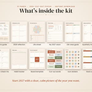 May include: A digital vision board kit featuring 31 pages and 330 plus cut-out pieces. The kit includes a how-to guide, 2026 reflection, life wheel, 2027 vision, life-area goals, quarterly milestones, monthly check-ins, habit tracker, and board template.