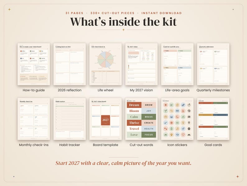 May include: A digital vision board kit featuring 31 pages and 330 plus cut-out pieces. The kit includes a how-to guide, 2026 reflection, life wheel, 2027 vision, life-area goals, quarterly milestones, monthly check-ins, habit tracker, and board template.