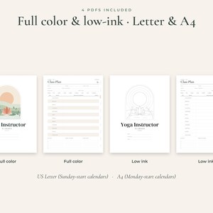 May include: A digital yoga instructor planner set featuring four PDF pages in full color and low-ink versions. The designs include a lotus flower graphic, arch motifs, and class plan templates with text labels for US Letter and A4 paper sizes.