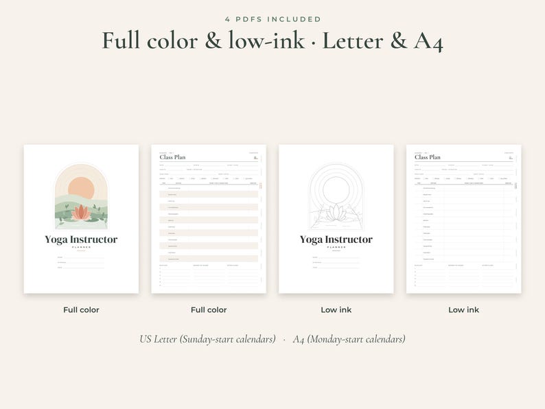 May include: A digital yoga instructor planner set featuring four PDF pages in full color and low-ink versions. The designs include a lotus flower graphic, arch motifs, and class plan templates with text labels for US Letter and A4 paper sizes.