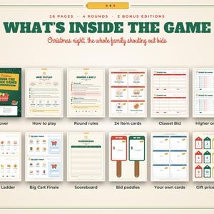 K&ouml;nnte beinhalten: Ein druckbares Weihnachtsspiel mit dem Titel What's Inside The Game, bestehend aus 28 Seiten, 4 Runden und 2 Bonus-Editionen. Das Set enth&auml;lt ein Deckblatt, Spielanleitungen, Item-Karten, Gebotspaddel, Punktetafeln und Spielb&ouml;gen.