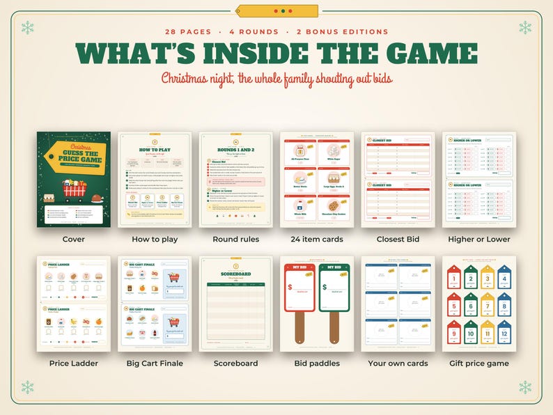 K&ouml;nnte beinhalten: Ein druckbares Weihnachtsspiel mit dem Titel What's Inside The Game, bestehend aus 28 Seiten, 4 Runden und 2 Bonus-Editionen. Das Set enth&auml;lt ein Deckblatt, Spielanleitungen, Item-Karten, Gebotspaddel, Punktetafeln und Spielb&ouml;gen.