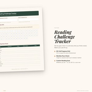 以下が含まれることがあります： 「Reading Challenge Tracker」のテキストが入った白と緑のReading Challenge Tracker。 60セルの進捗グリッド、月ごとのペースチェック、カスタム読書目標などの機能があります。 このトラッカーは、読書の進捗状況を追跡するように設計されています。