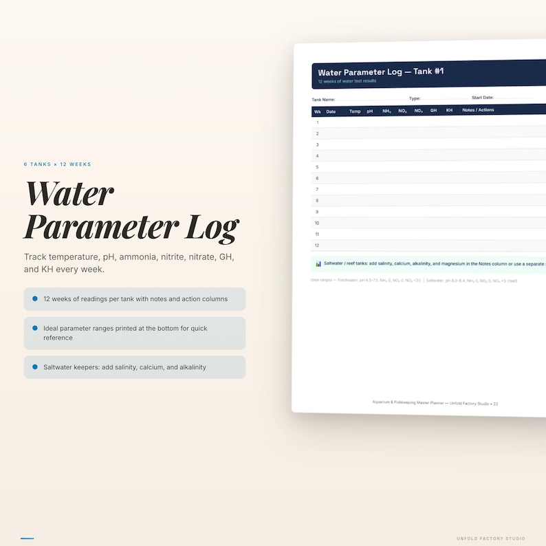 May include: A white document titled "Water Parameter Log - Tank #1" with a dark blue header. The document includes sections for tank name, date, temperature, pH, and notes. Text on the left side describes the log's features, including tracking water parameters.
