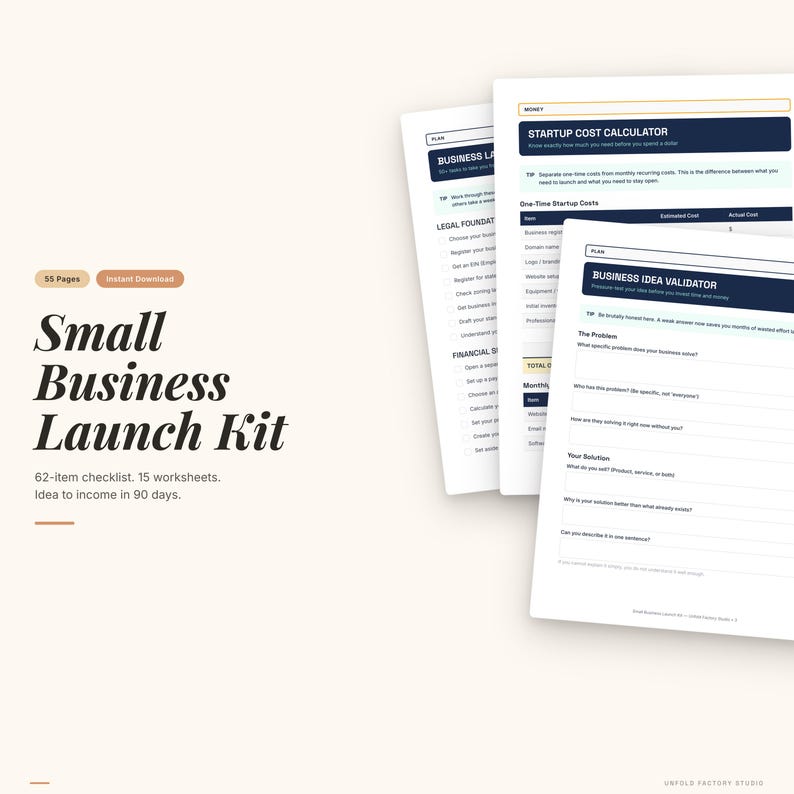 May include: A stack of white worksheets with blue and black text, titled "Startup Cost Calculator" and "Business Idea Validator." The image also displays the text "Small Business Launch Kit," "55 Pages," and "Instant Download."