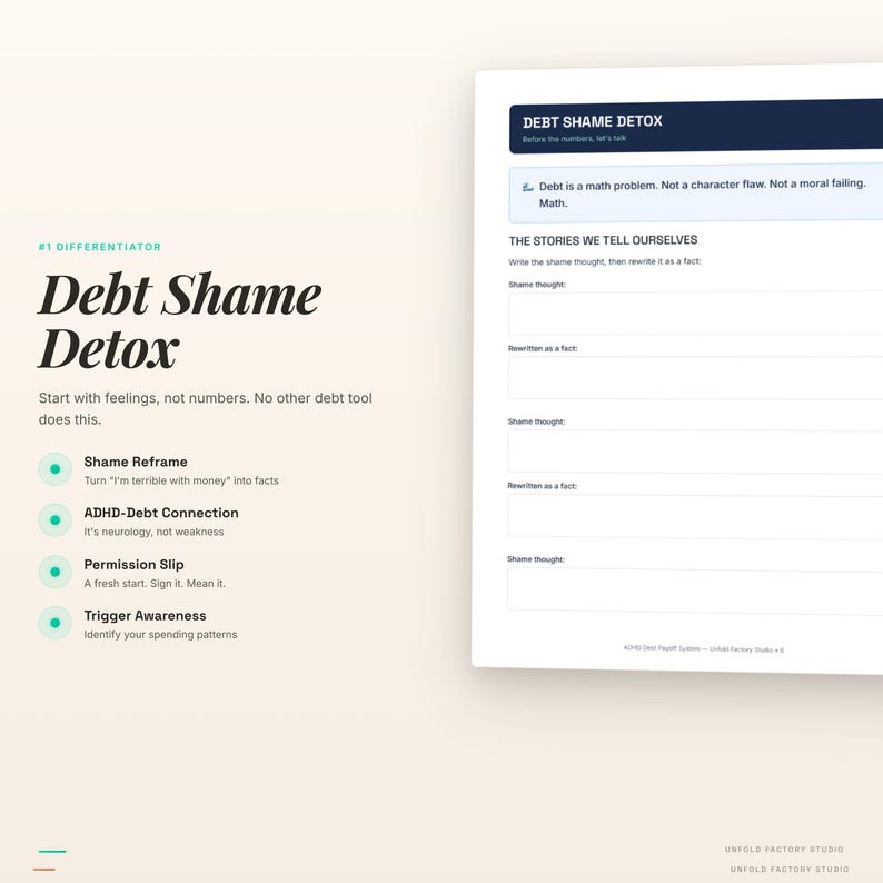May include: A white and light green graphic with the text "Debt Shame Detox" and a worksheet titled "The Stories We Tell Ourselves." The graphic also includes bullet points with text such as "Shame Reframe" and "ADHD-Debt Connection."