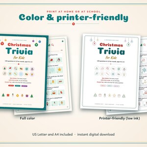 May include: A printable Christmas Trivia for Kids game set featuring 120 questions in 12 rounds. The display shows a full-color version with a dark teal border and a printer-friendly low-ink version with a white border, both including text.