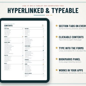 May include: A digital planner displayed on a tablet screen showing a contents page with sections for roster, parent forms, practice, skills, routines, meets, conditioning, safety, progress, and admin. Text includes HYPERLINKED & TYPEABLE.