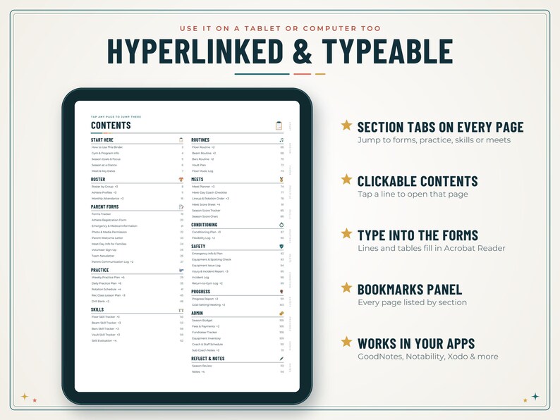 May include: A digital planner displayed on a tablet screen showing a contents page with sections for roster, parent forms, practice, skills, routines, meets, conditioning, safety, progress, and admin. Text includes HYPERLINKED & TYPEABLE.