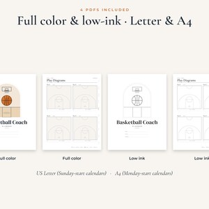 Op de afbeelding: Een digitale basketbalcoach planner set met vier PDF-bestanden in kleur en inktbesparende versies voor US Letter en A4-formaten. De pagina's bevatten een omslag met een basketbalafbeelding en vellen met vier speelvelddiagrammen per pagina.
