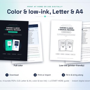 May include: A digital chronic illness and medical records binder bundle featuring full-color and low-ink printer-friendly PDF versions. The documents include text for tracking health information, available in US Letter and A4 sizes for home printing.