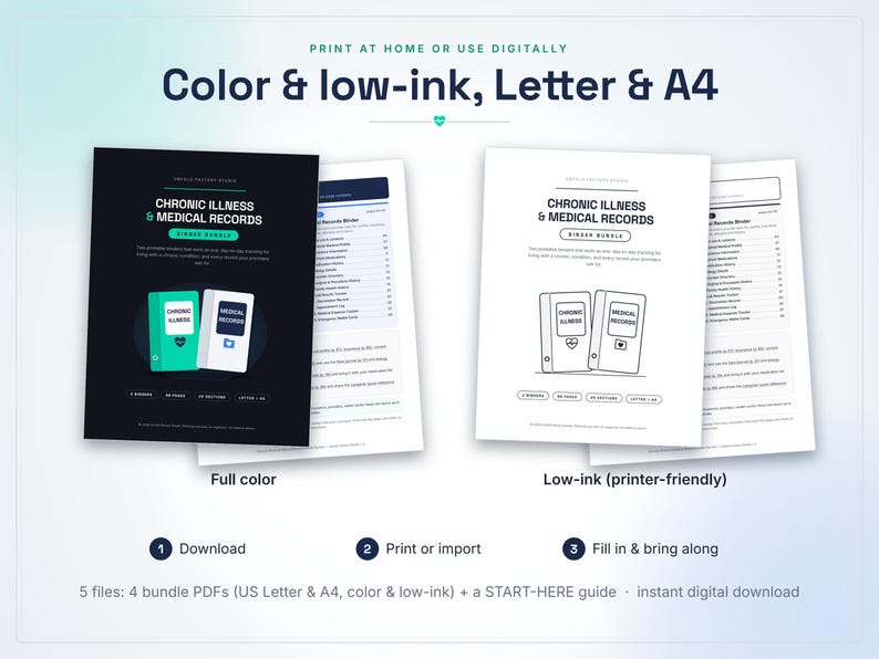 May include: A digital chronic illness and medical records binder bundle featuring full-color and low-ink printer-friendly PDF versions. The documents include text for tracking health information, available in US Letter and A4 sizes for home printing.