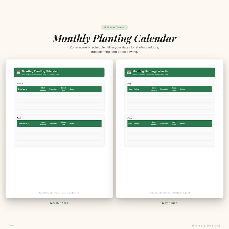 May include: A digital monthly planting calendar with a green and white design. The calendar includes sections for March, April, May, and June, with fields for crop/variety, start indoors, transplant, direct sow, and notes. The text "Monthly Planting Calendar" is displayed at the top.