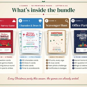 May include: A printable Christmas game bundle featuring four distinct sets: Family Survey Game, Charades & Draw It, Scavenger Hunt, and Office Party Kit. The graphic displays 151 pages total, including game cards, sheets, and certificates.