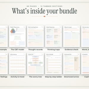 May include: A digital bundle featuring 60 pages and 12 tabbed sections titled What's inside your bundle. The layout displays 12 individual worksheets including Worked example, The CBT model, Thought records, Thinking traps, Evidence check, Worst, best, likely, Words for feelings, Activity & mood, The worry tree, Step-by-step ladder, Downward arrow, and Coping plan.